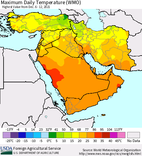 Middle East and Turkey Maximum Daily Temperature (WMO) Thematic Map For 12/6/2021 - 12/12/2021