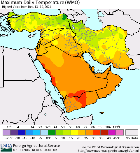 Middle East and Turkey Maximum Daily Temperature (WMO) Thematic Map For 12/13/2021 - 12/19/2021