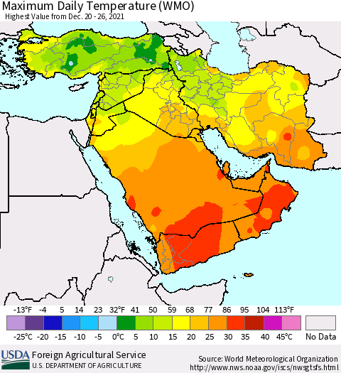 Middle East and Turkey Maximum Daily Temperature (WMO) Thematic Map For 12/20/2021 - 12/26/2021