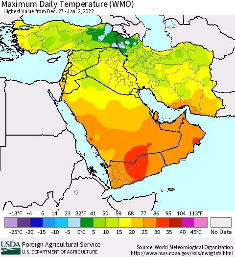 Middle East and Turkey Maximum Daily Temperature (WMO) Thematic Map For 12/27/2021 - 1/2/2022
