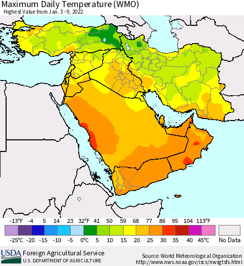Middle East and Turkey Maximum Daily Temperature (WMO) Thematic Map For 1/3/2022 - 1/9/2022
