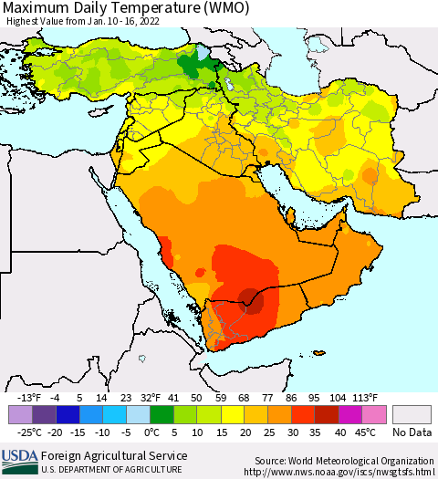 Middle East and Turkey Maximum Daily Temperature (WMO) Thematic Map For 1/10/2022 - 1/16/2022