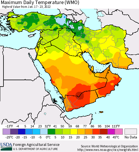 Middle East and Turkey Maximum Daily Temperature (WMO) Thematic Map For 1/17/2022 - 1/23/2022