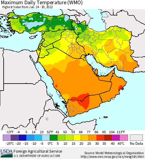 Middle East and Turkey Maximum Daily Temperature (WMO) Thematic Map For 1/24/2022 - 1/30/2022