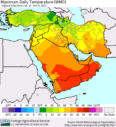 Middle East and Turkey Maximum Daily Temperature (WMO) Thematic Map For 1/31/2022 - 2/6/2022