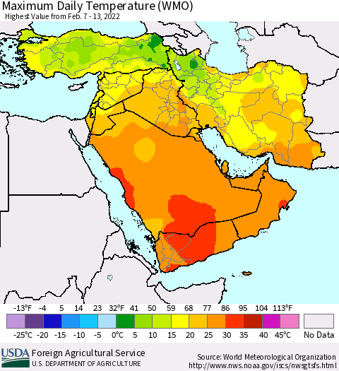 Middle East and Turkey Maximum Daily Temperature (WMO) Thematic Map For 2/7/2022 - 2/13/2022