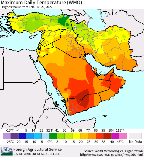 Middle East and Turkey Maximum Daily Temperature (WMO) Thematic Map For 2/14/2022 - 2/20/2022