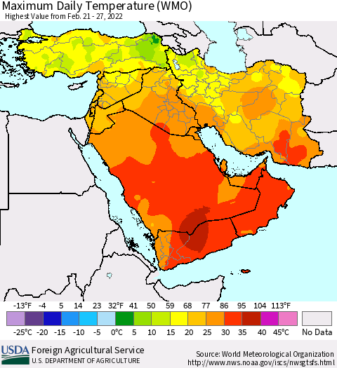Middle East and Turkey Maximum Daily Temperature (WMO) Thematic Map For 2/21/2022 - 2/27/2022