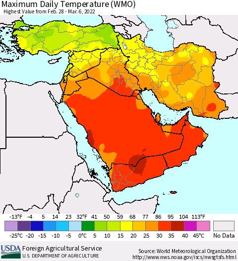 Middle East and Turkey Maximum Daily Temperature (WMO) Thematic Map For 2/28/2022 - 3/6/2022