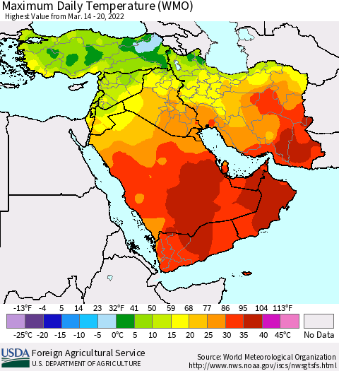 Middle East and Turkey Maximum Daily Temperature (WMO) Thematic Map For 3/14/2022 - 3/20/2022