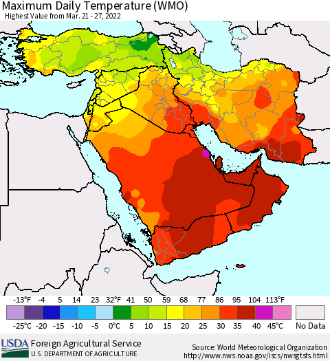 Middle East and Turkey Maximum Daily Temperature (WMO) Thematic Map For 3/21/2022 - 3/27/2022