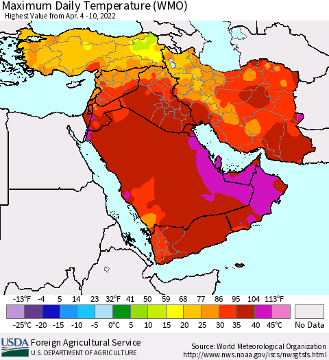 Middle East and Turkey Maximum Daily Temperature (WMO) Thematic Map For 4/4/2022 - 4/10/2022