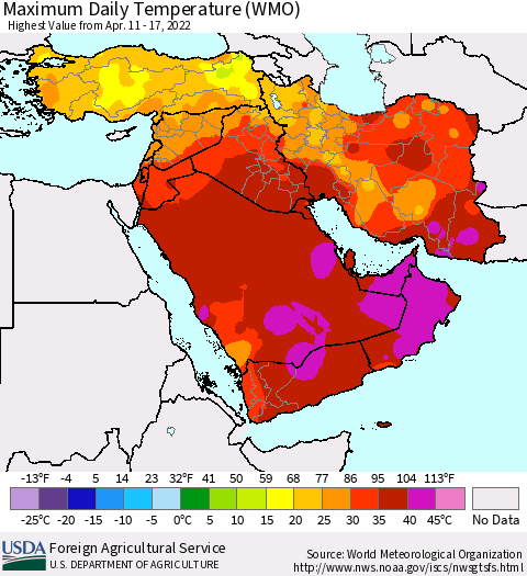 Middle East and Turkey Maximum Daily Temperature (WMO) Thematic Map For 4/11/2022 - 4/17/2022