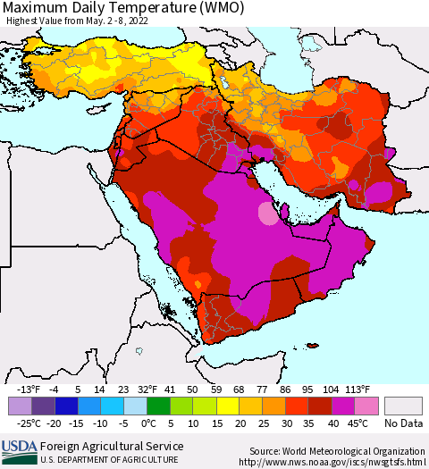 Middle East and Turkey Maximum Daily Temperature (WMO) Thematic Map For 5/2/2022 - 5/8/2022