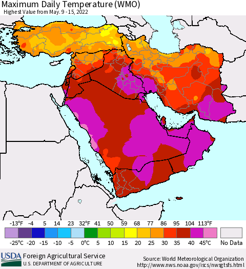 Middle East and Turkey Maximum Daily Temperature (WMO) Thematic Map For 5/9/2022 - 5/15/2022