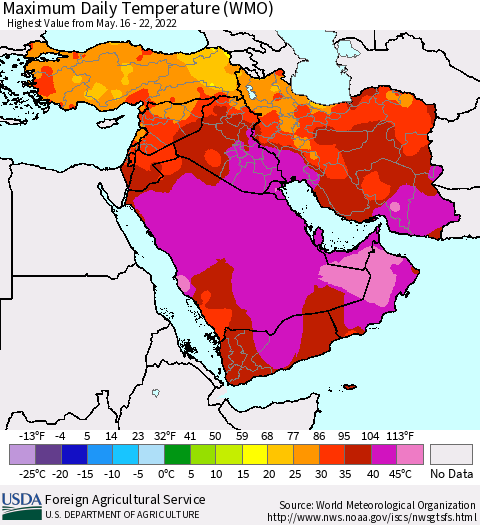 Middle East and Turkey Maximum Daily Temperature (WMO) Thematic Map For 5/16/2022 - 5/22/2022