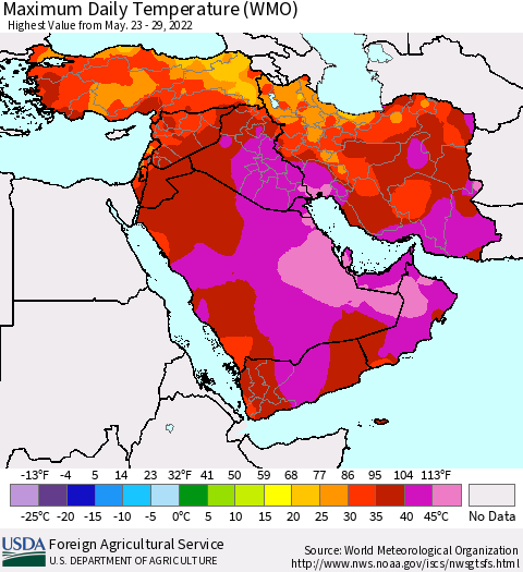 Middle East and Turkey Maximum Daily Temperature (WMO) Thematic Map For 5/23/2022 - 5/29/2022