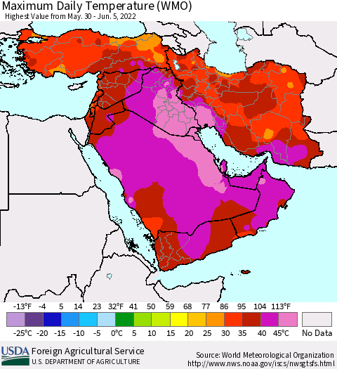 Middle East and Turkey Maximum Daily Temperature (WMO) Thematic Map For 5/30/2022 - 6/5/2022