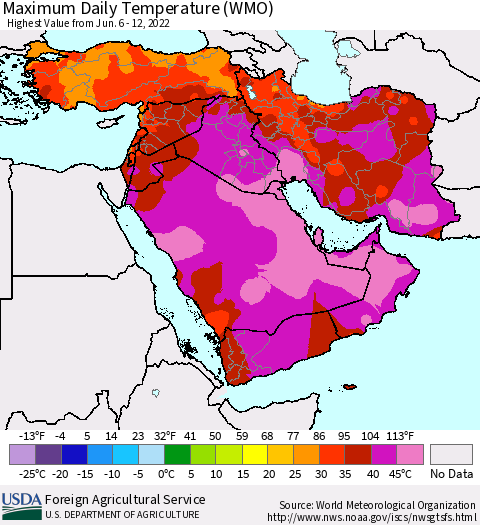 Middle East and Turkey Maximum Daily Temperature (WMO) Thematic Map For 6/6/2022 - 6/12/2022