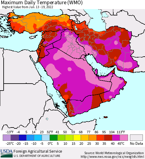 Middle East and Turkey Maximum Daily Temperature (WMO) Thematic Map For 6/13/2022 - 6/19/2022