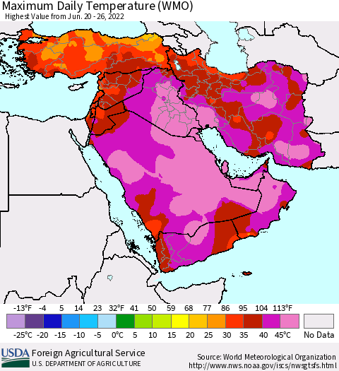 Middle East and Turkey Maximum Daily Temperature (WMO) Thematic Map For 6/20/2022 - 6/26/2022