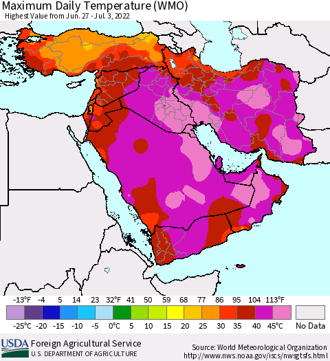 Middle East and Turkey Maximum Daily Temperature (WMO) Thematic Map For 6/27/2022 - 7/3/2022