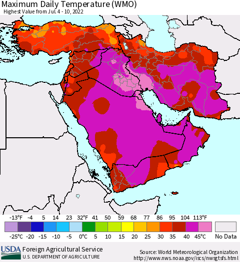 Middle East and Turkey Maximum Daily Temperature (WMO) Thematic Map For 7/4/2022 - 7/10/2022