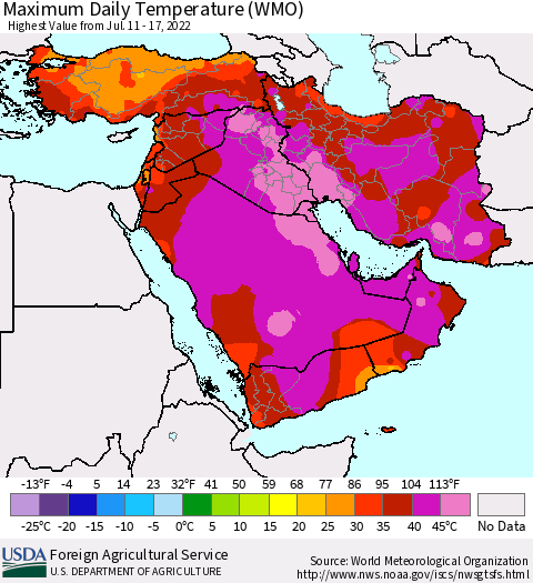 Middle East and Turkey Maximum Daily Temperature (WMO) Thematic Map For 7/11/2022 - 7/17/2022
