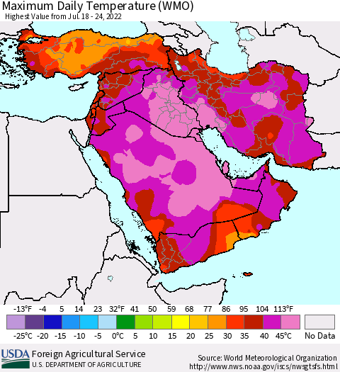 Middle East and Turkey Maximum Daily Temperature (WMO) Thematic Map For 7/18/2022 - 7/24/2022