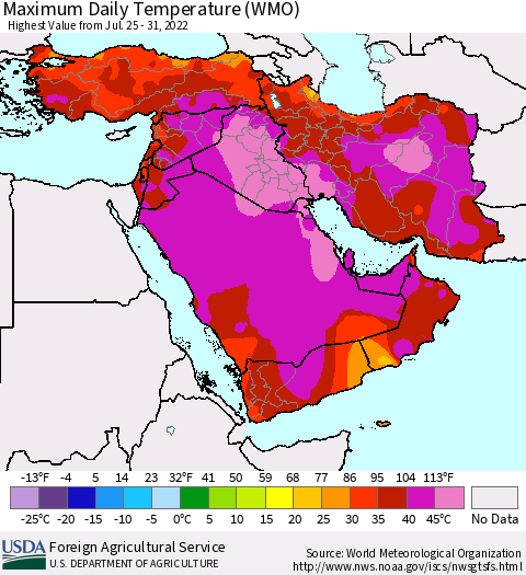 Middle East and Turkey Maximum Daily Temperature (WMO) Thematic Map For 7/25/2022 - 7/31/2022