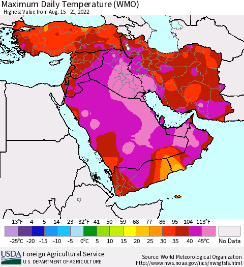 Middle East and Turkey Maximum Daily Temperature (WMO) Thematic Map For 8/15/2022 - 8/21/2022