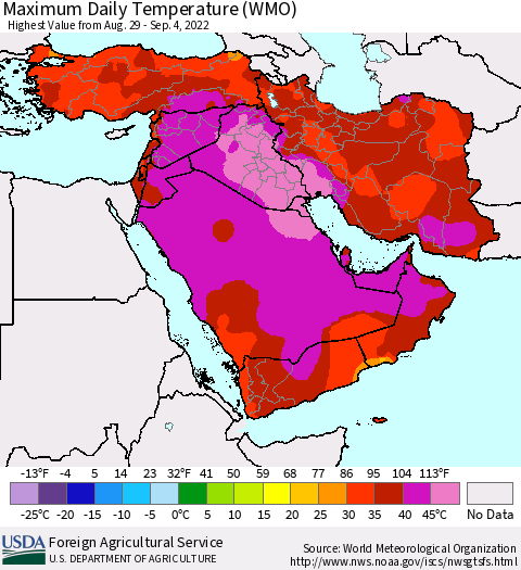 Middle East and Turkey Maximum Daily Temperature (WMO) Thematic Map For 8/29/2022 - 9/4/2022
