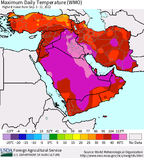 Middle East and Turkey Maximum Daily Temperature (WMO) Thematic Map For 9/5/2022 - 9/11/2022