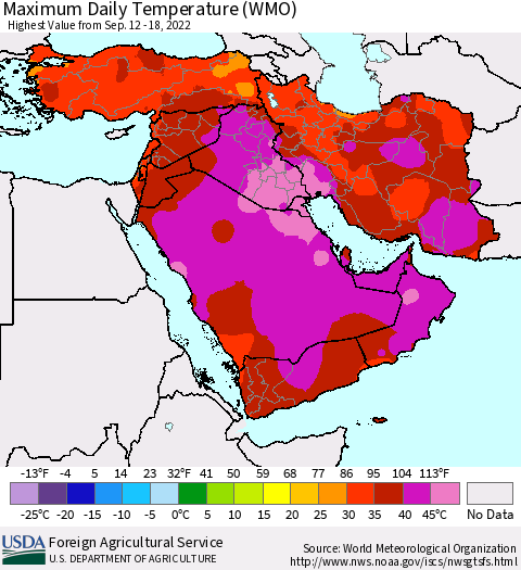 Middle East and Turkey Maximum Daily Temperature (WMO) Thematic Map For 9/12/2022 - 9/18/2022
