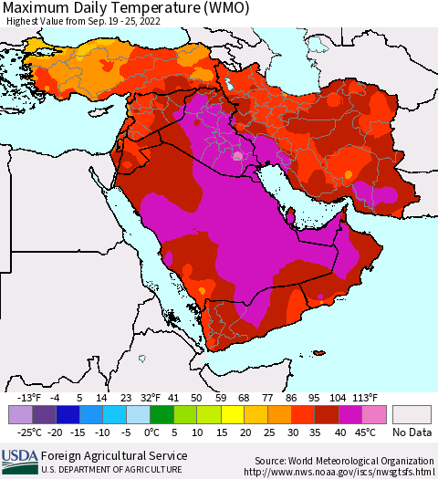 Middle East and Turkey Maximum Daily Temperature (WMO) Thematic Map For 9/19/2022 - 9/25/2022
