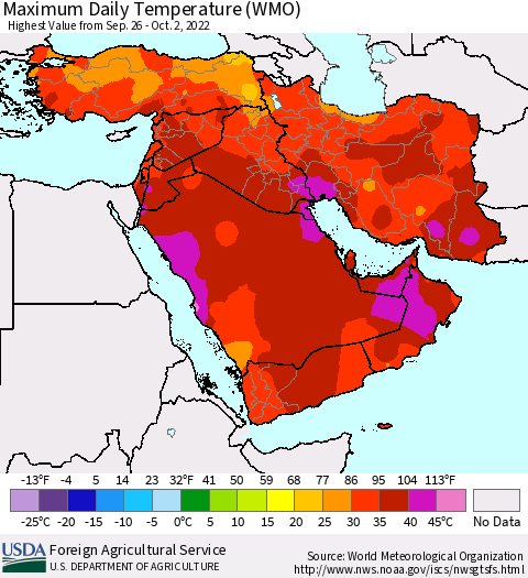Middle East and Turkey Maximum Daily Temperature (WMO) Thematic Map For 9/26/2022 - 10/2/2022