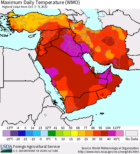 Middle East and Turkey Maximum Daily Temperature (WMO) Thematic Map For 10/3/2022 - 10/9/2022