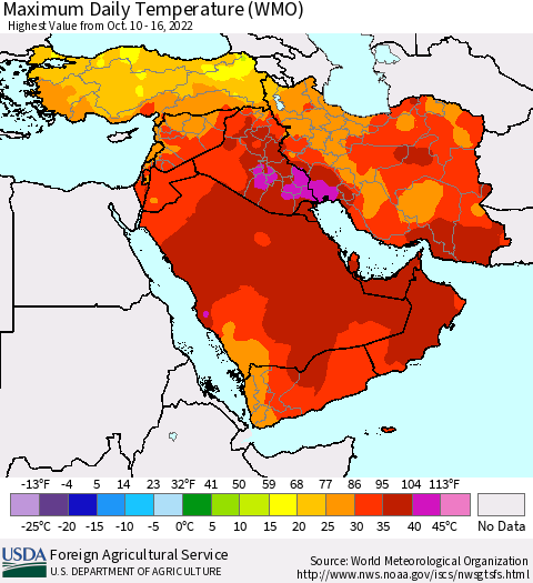Middle East and Turkey Maximum Daily Temperature (WMO) Thematic Map For 10/10/2022 - 10/16/2022
