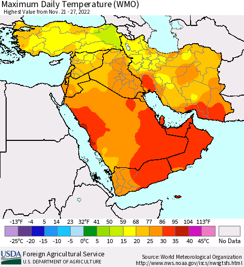 Middle East and Turkey Maximum Daily Temperature (WMO) Thematic Map For 11/21/2022 - 11/27/2022