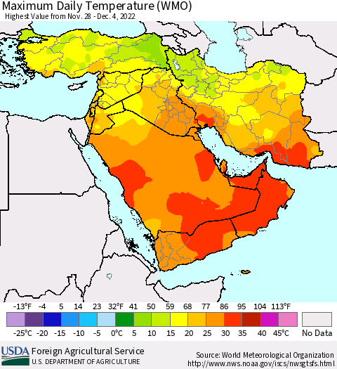 Middle East and Turkey Maximum Daily Temperature (WMO) Thematic Map For 11/28/2022 - 12/4/2022