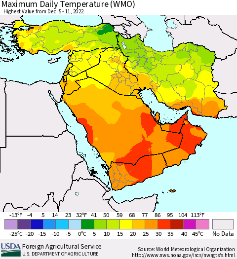Middle East and Turkey Maximum Daily Temperature (WMO) Thematic Map For 12/5/2022 - 12/11/2022