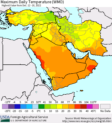 Middle East and Turkey Maximum Daily Temperature (WMO) Thematic Map For 12/12/2022 - 12/18/2022