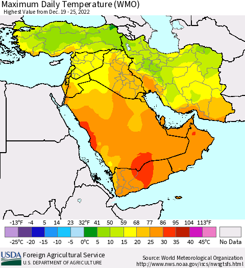 Middle East and Turkey Maximum Daily Temperature (WMO) Thematic Map For 12/19/2022 - 12/25/2022