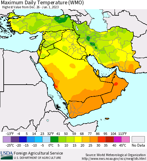 Middle East and Turkey Maximum Daily Temperature (WMO) Thematic Map For 12/26/2022 - 1/1/2023