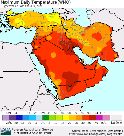 Middle East and Turkey Maximum Daily Temperature (WMO) Thematic Map For 4/3/2023 - 4/9/2023