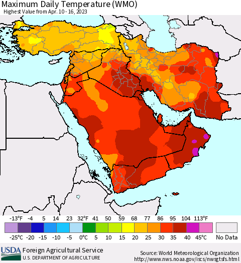 Middle East and Turkey Maximum Daily Temperature (WMO) Thematic Map For 4/10/2023 - 4/16/2023