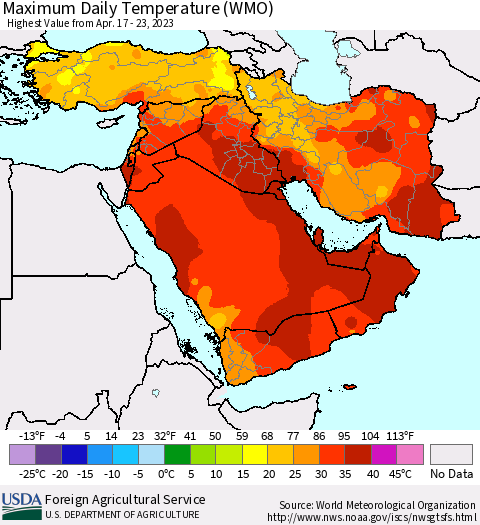 Middle East and Turkey Maximum Daily Temperature (WMO) Thematic Map For 4/17/2023 - 4/23/2023