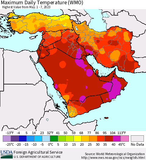 Middle East and Turkey Maximum Daily Temperature (WMO) Thematic Map For 5/1/2023 - 5/7/2023