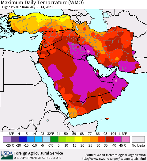 Middle East and Turkey Maximum Daily Temperature (WMO) Thematic Map For 5/8/2023 - 5/14/2023
