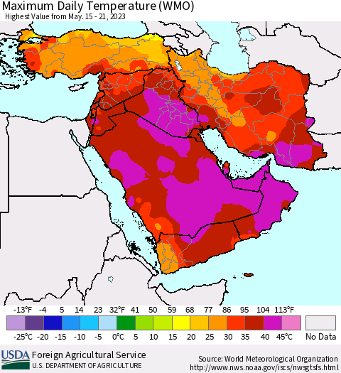 Middle East and Turkey Maximum Daily Temperature (WMO) Thematic Map For 5/15/2023 - 5/21/2023